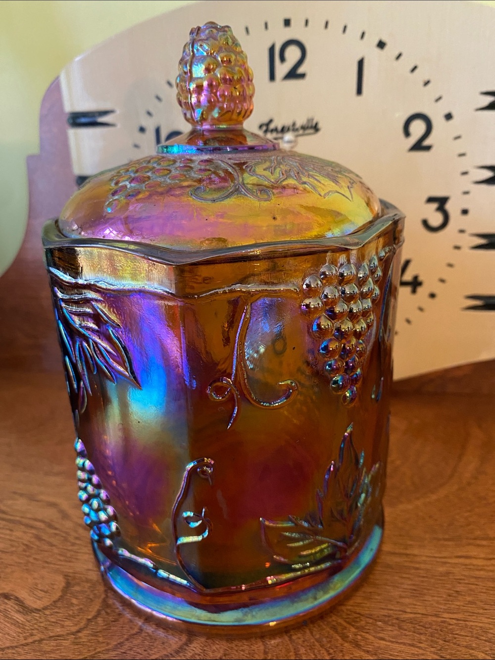 Vintage Indiana Carnival Glass Amber Iridescent Harvest Grape Jar with Lid